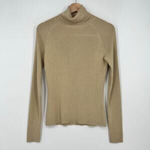 Cache Turtleneck Metallic Gold Womens Med Roll Neck Body Con Ribbed Knit Stretch